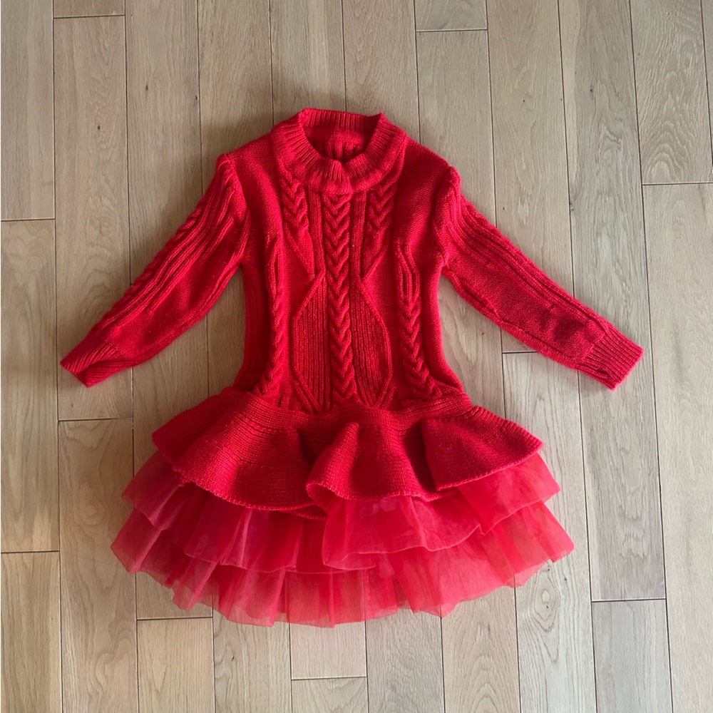 Red Knit Dress with Ruffled Skirt size 5 - Picture 1 of 7